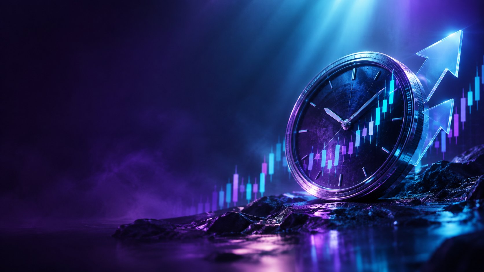Clock merged with a crypto chart and forward arrows